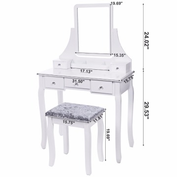 Vanity Set with Mirror Cushioned Stool Dressing Table Vanity Makeup Table 5 Drawers 2 Dividers Movable Organizers White