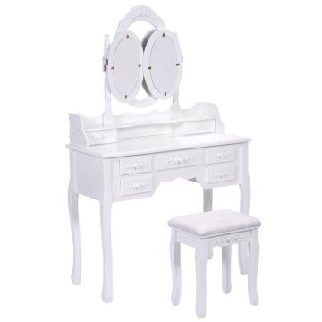 Wooden Vanity Table Makeup set Tri-folding Mirror Dressing Table with 7 Drawers 3 Mirror for Bedroom White