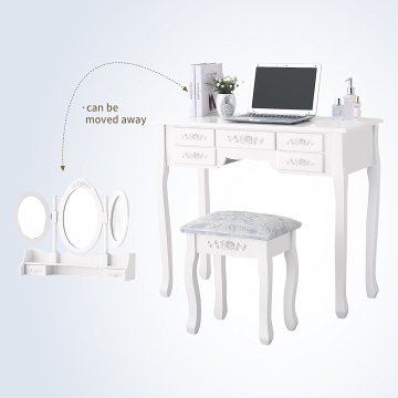 tri folding mirror vanity makeup table set 7 drawer dressing table with stool white