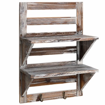 Rustic Wood Wall Mounted Organizer Shelves with 2 Hooks, 2-Tier Storage Rack