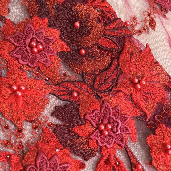 Red Handwork Beaded Embroidery Fabric