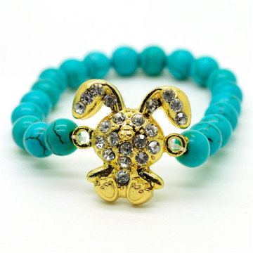 Turquoise 8MM Round Beads Stretch Gemstone Bracelet with Diamante alloy rabbit Piece