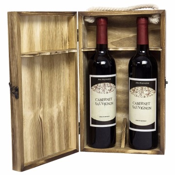 Dark Torched Wood Double Bottle Wine Case Top Handle wood wine box Brown
