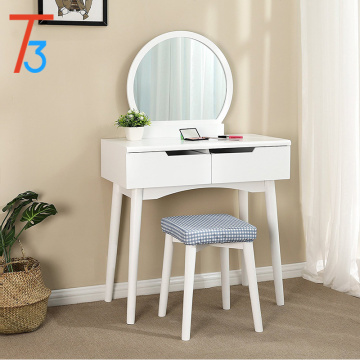 Vanity Table Set with Round Mirror 2 Large Sliding Drawers Makeup Dressing Table with Cushioned Stool White