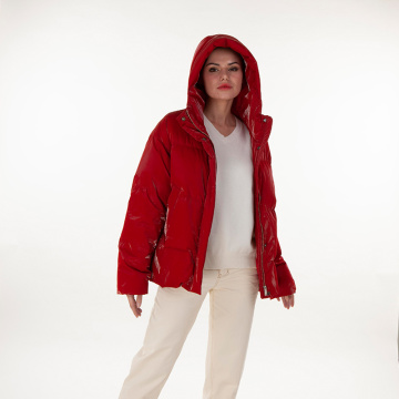 Red hooded normal down jacket