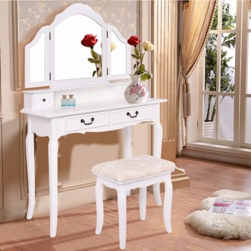 Folding Makeup Table Set Bedroom Dressing Sets Tri Mirror Vanity With Stool & 4 Drawers Black/White (White)