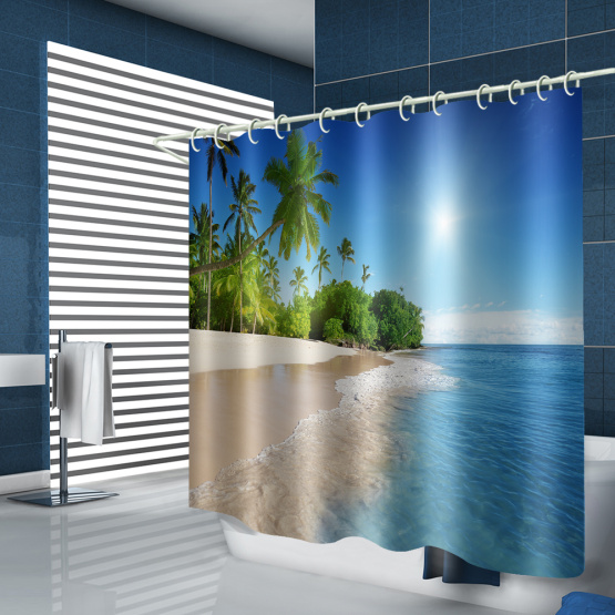Sea Wave Beach Waterproof Shower Curtain Coconut Tree Tropical Bathroom Decor