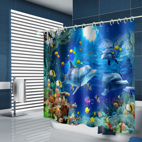Dolphin Tropical Fish Waterproof Shower Curtain Animal Bathroom Decor