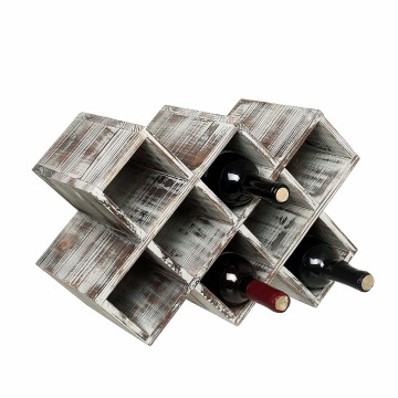 Rustic Torched Wood Wine Rack, Geometric Design 8-Bottle Storage Organizer
