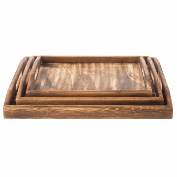 Set of 3 Torched Wood Rectangular Nesting Breakfast, Coffee Table / Butler Serving Trays, Dark Brown