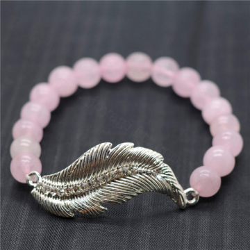 Rose Quartz 8MM Round Beads Stretch Gemstone Bracelet with Diamante feather alloy Piece