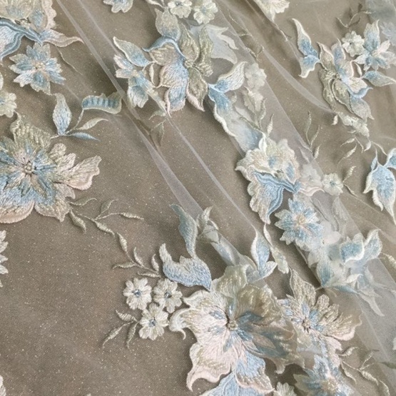 Sky Blue handmade Embroidery Flower Design Fabric