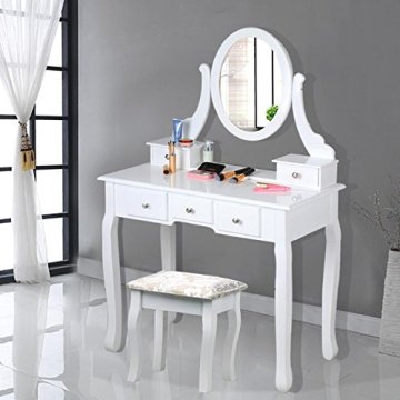 White Wooden Dressing Table with Oval Mirror and Stool Bedroom Shabby Chic 5 Drawers Makeup Desk Sets