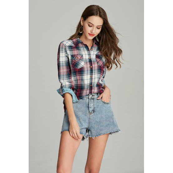 cotton check shirt plaid ladies shirt blouse