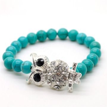 Turquoise 8MM Round Beads Stretch Gemstone Bracelet with Diamante alloy Owl Piece