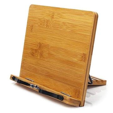 Bamboo Book Stand, wihacc Adjustable Book Holder Tray and Page Paper Clips-Cookbook Reading Desk Portable Sturdy Lightweight