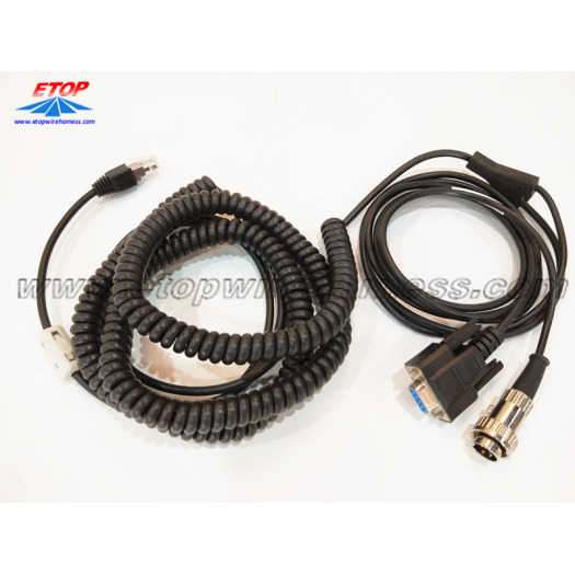 Coiled RJ45 cable to DB9 and 4pin connector
