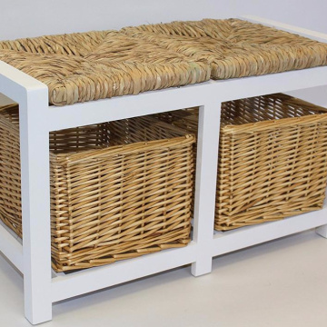 White Two Seater Wooden Storage Bench with Wicker Baskets and Seating