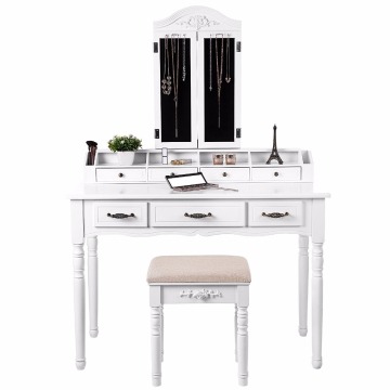 Vanity Table Set Tri-folding Necklace Hooked Mirror 7 Drawers 6 Organizers dresser makeup table