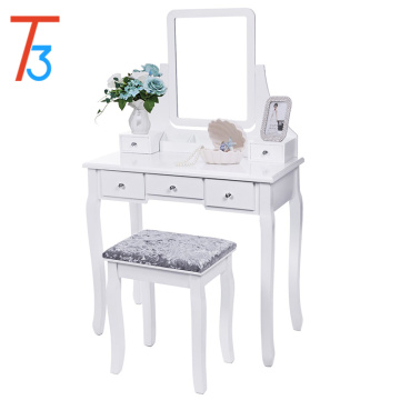 Vanity Set with Mirror & Cushioned Stool Dressing Table Makeup 5 Drawers 2 Dividers Movable Organizers White