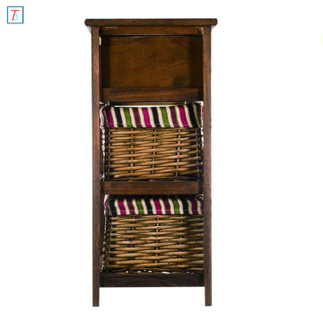 Bedroom Hallway Brown Wooden Storage Cabinet Unit with 2 Drawers 4 Wicker Baskets
