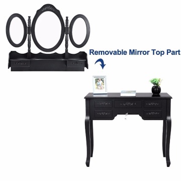 Vanity Table Set Tri-folding Mirror Makeup Dressing Table with Padded Stool & 6 Drawers,Black