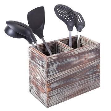 2 Compartment Torched Wood Kitchen Cooking Utensil Holder Organizer Box