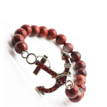 Red Jasper 8MM Round Beads Stretch Gemstone Bracelet with Diamante anchor alloy Piece