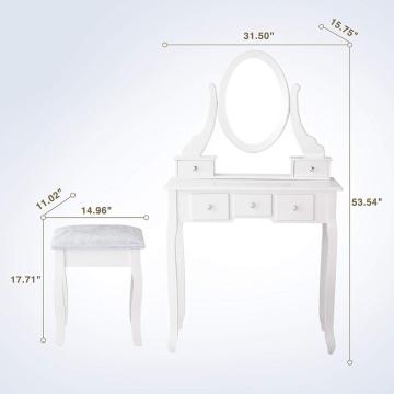 White Vanity Table with Oval Mirror/ 5 Drawers Makeup Table with Mirror Wood Dressing Table w/Cushioned Stool