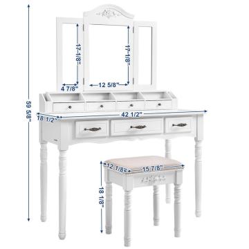 vanity table set, tri-folding necklace hooked mirror 6 organizers makeup dressing makeup desk with drawers cushioned stool