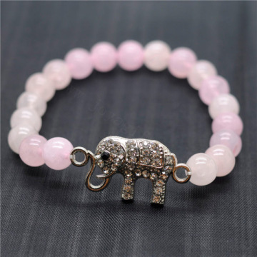 Rose Quartz 8MM Round Beads Stretch Gemstone Bracelet with Diamante elephant Piece