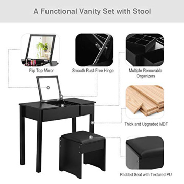 Black Bedroom Furniture Dresser Vanity Makeup Dressing Table with Flip Top Mirror 2 Drawers & 3 Removable Organizers