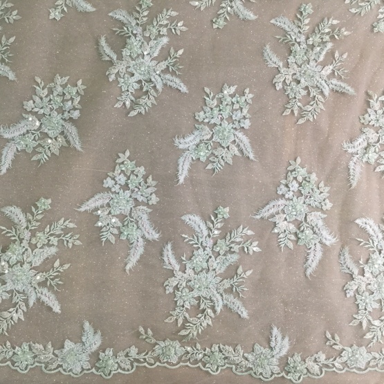 Mint Hand Beaded Embroidery Lace Fabric