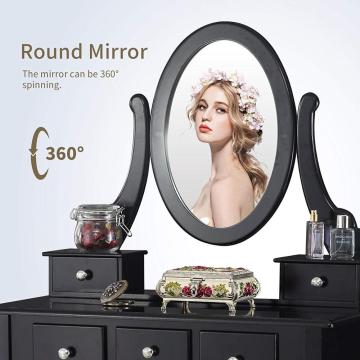 Black Vanity Table with Oval Mirror/ 5 Drawers Makeup Table with Mirror Wood Dressing Table w/Cushioned Stool