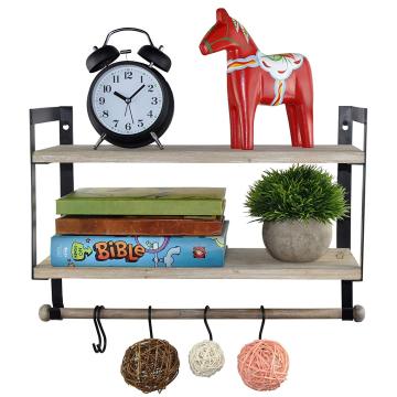 Wall Mount 2 Tier Floating Shelves with Metal Bracket, Rustic Torched Wood with Removable Towel Rod and S Hooks to Storage Organ