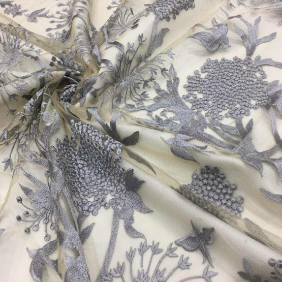 Gray Sunflower Embroidered Tulle Fabric