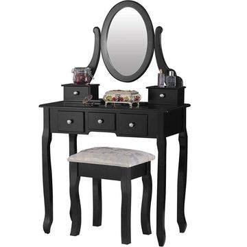 Black Vanity Table with Oval Mirror/ 5 Drawers Makeup Table with Mirror Wood Dressing Table w/Cushioned Stool