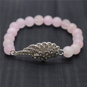Rose Quartz 8MM Round Beads Stretch Gemstone Bracelet with Diamante alloy Wing Piece