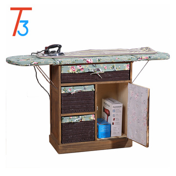 folding ironing board wood cabinet with storage basket drawer