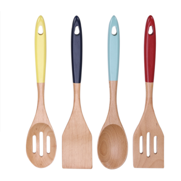 Wooden cooking utensil set with color handle