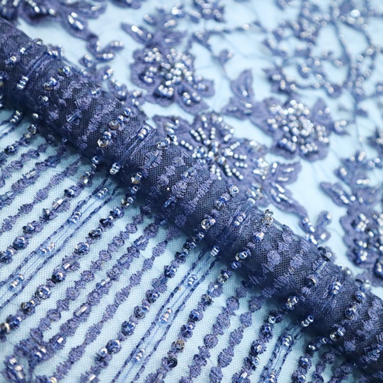 Dark Blue Beaded Embroidery Lace