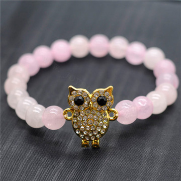 Rose Quartz 8MM Round Beads Stretch Gemstone Bracelet with Diamante alloy Owl Piece