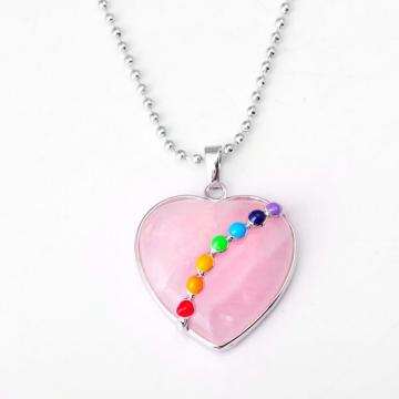 7 Chakras Gemstone Rose Quartz Heart Pendant Necklace