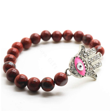 Red Jasper 8MM Round Beads Stretch Gemstone Bracelet with Diamante Evil eye Piece