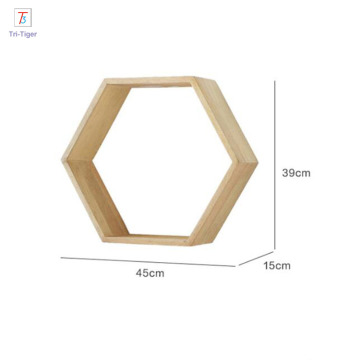 High quality customized brown finish wall mount Hexagon floating wooden shelf