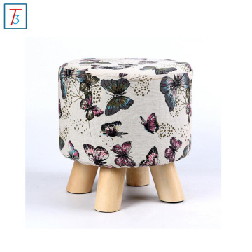 Decorative printing linen round stool with 4 wooden legs