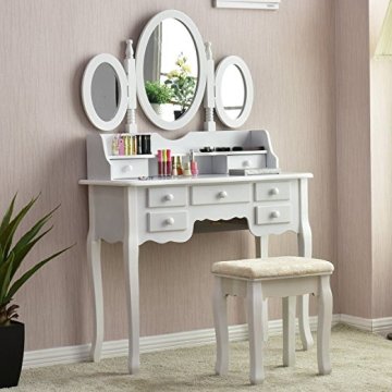 Bathroom Vanity Set Tri-folding Mirror Soft Padded Bench with 7 Drawer 3 mirrors Make-up Dressing Table Vanity Table Set (White)