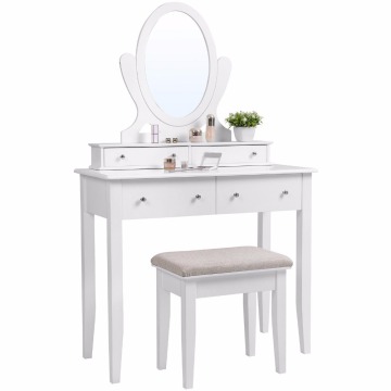 Classic Vanity Makeup Table Set Mirror 4 Drawers Wooden Dressing Table with Large Stool White