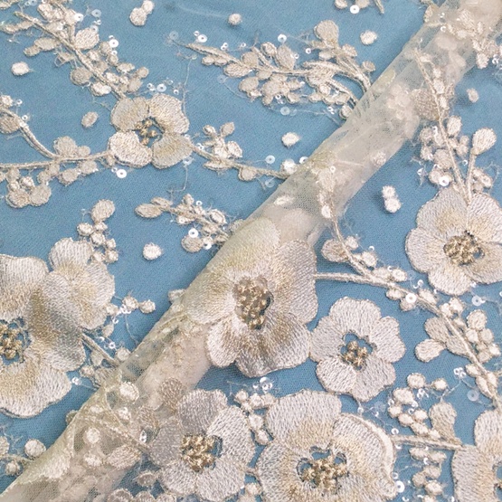 Plum Blossom Embroidery Transapret Sequin Lace Fabric