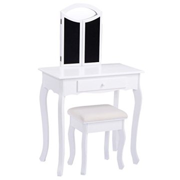 Bathroom Vanity Makeup Table Set Tri-folding Mirror Cushioned Stool Dressing Table